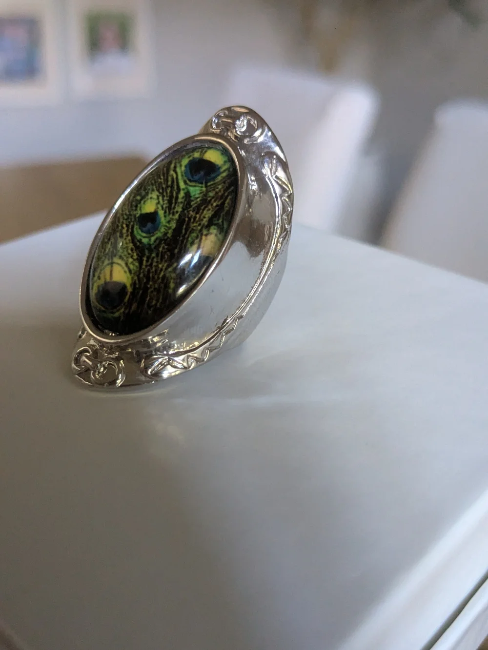 Vintage Silver Ring with Green and Blue Peacock Glass Cabochon Size 6
